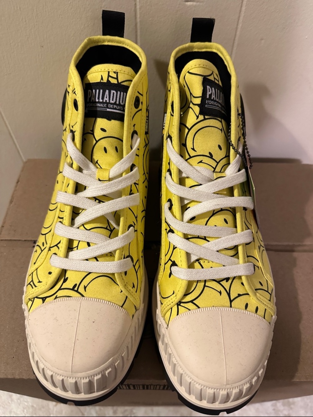 Palladium Yellow Smiley Canvas High-Top Sneakers with White Laces social dancing